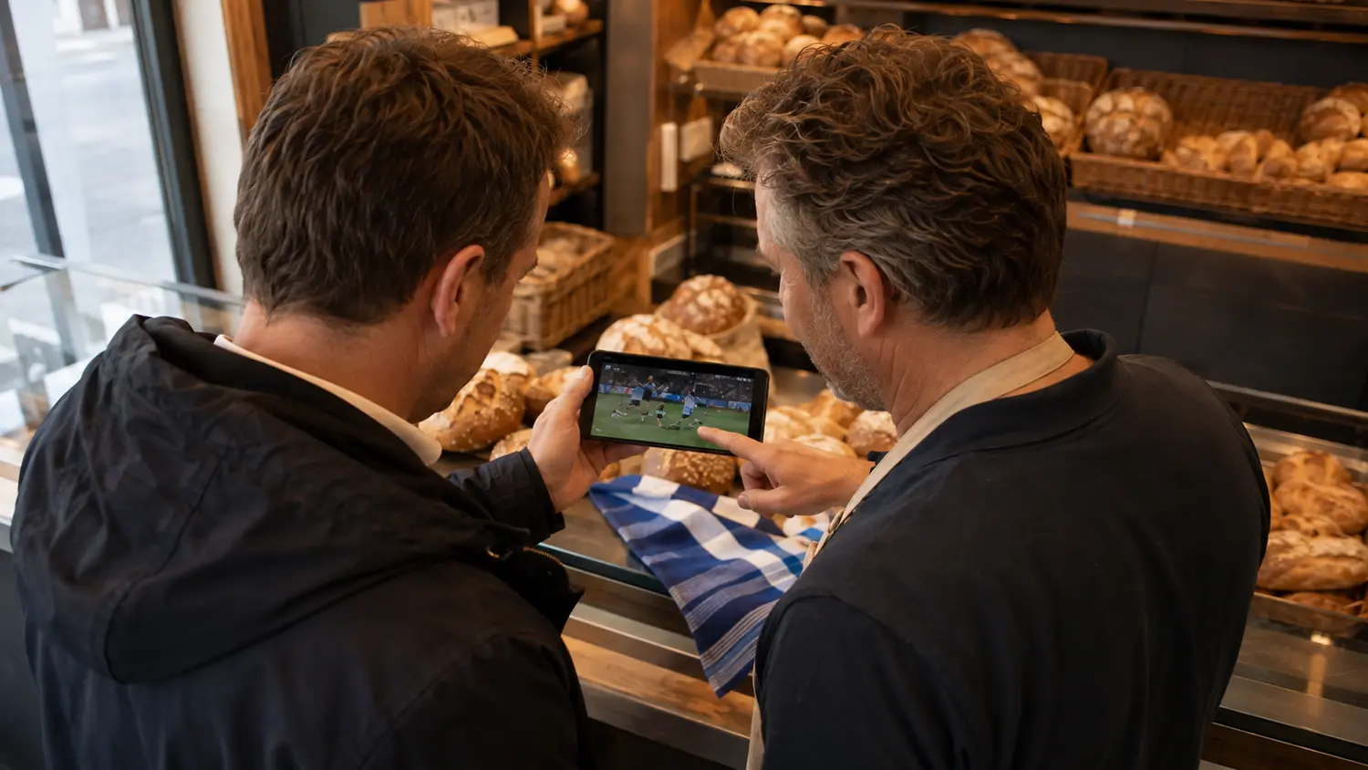 Bäcker und Vereinsvertreter betrachten gemeinsam Vereinscontent auf der Vorderseite eines Smartphones