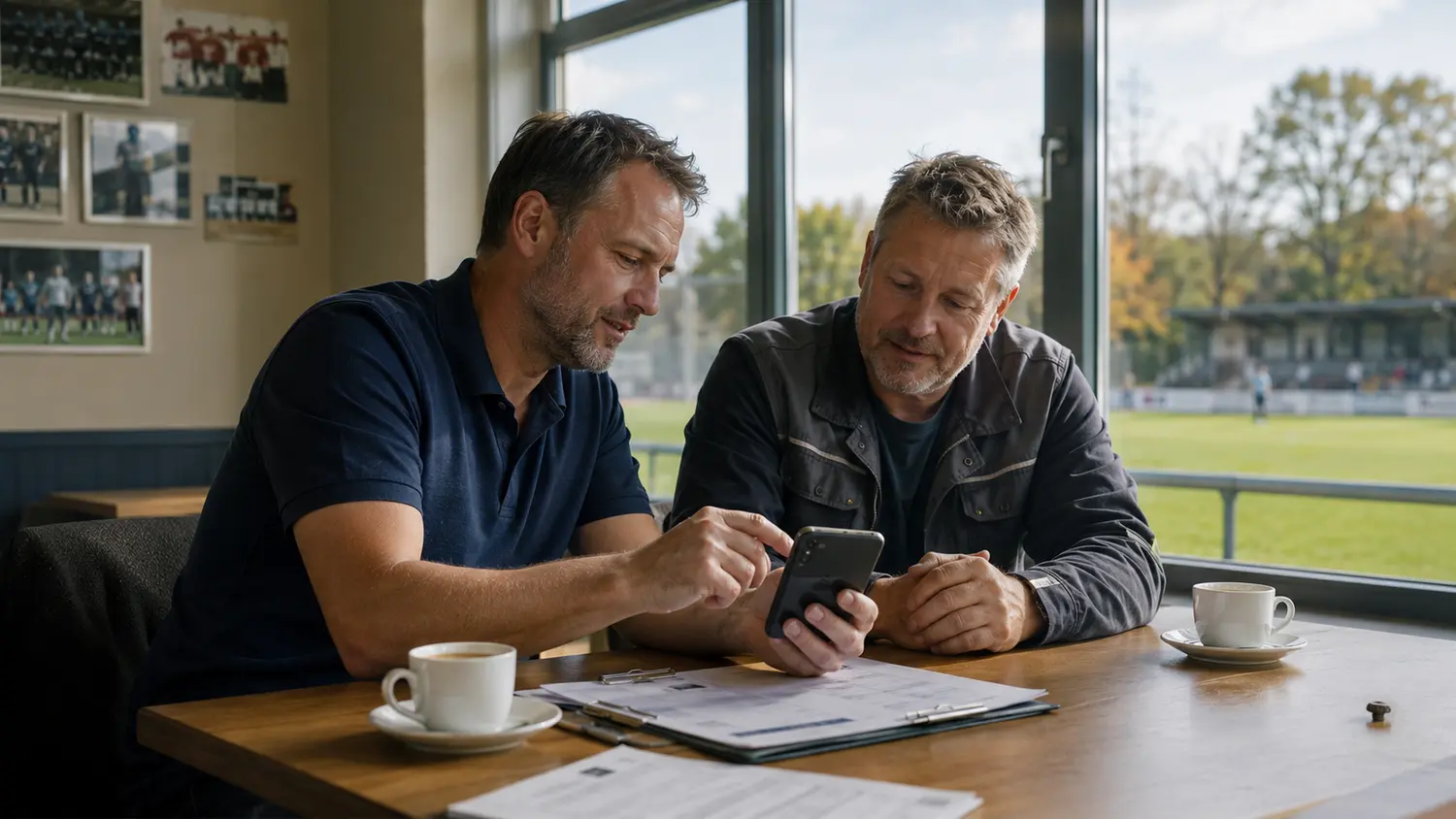 Vereinsverantwortliche besprechen ein digitales Medienangebot auf dem Smartphone