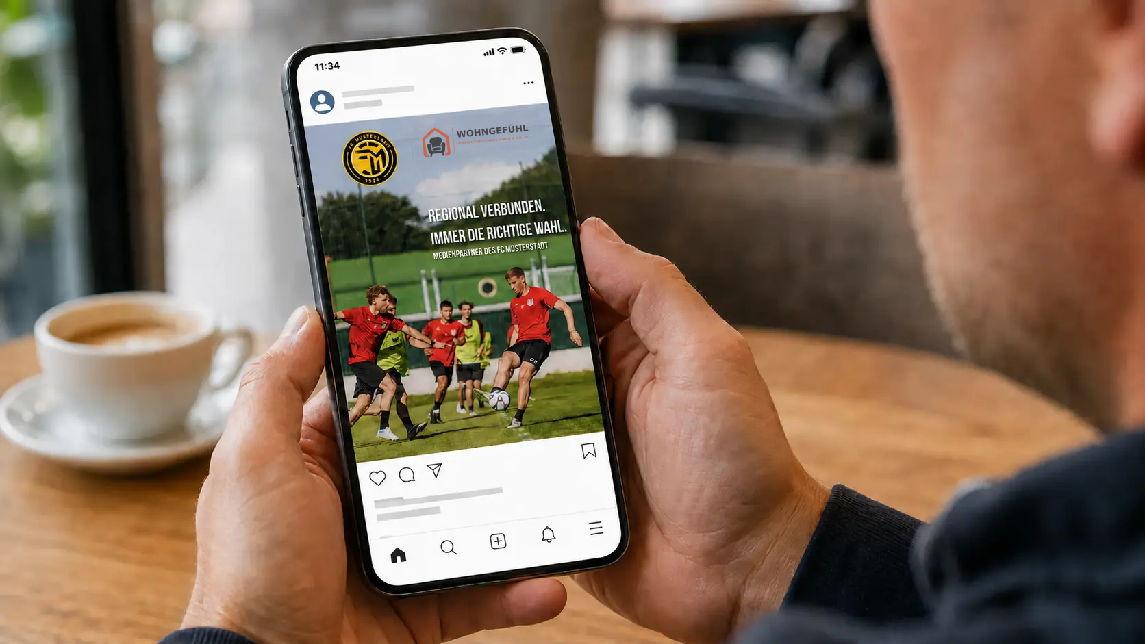 Eine Person sieht den Social-Media-Beitrag des FC Musterstadt mit Wohngefühl als Medienpartner auf dem Smartphone