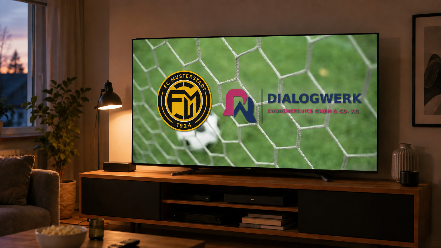 Heimspielbewerbung des FC Musterstadt mit Dialogwerk als Medienpartner auf einem Fernseher im privaten Wohnzimmer